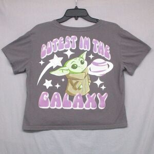 Star Wars Baby Yoda Graphic Print Short Sleeve T Shirt Crop Gray Women Size | L